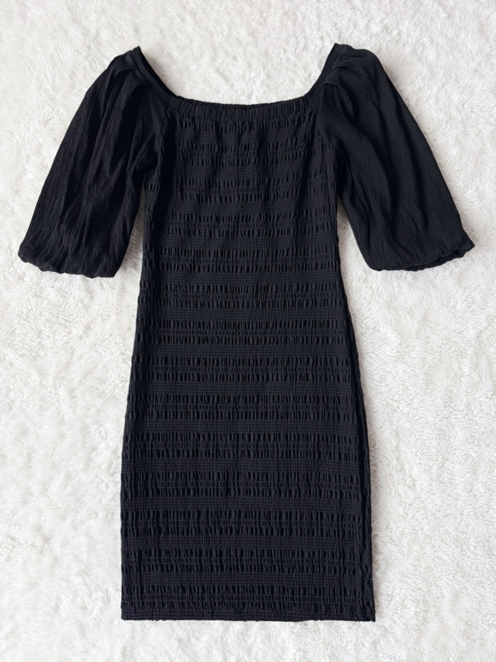 Culture Woman Black Smocked Bodycon Puff Sleeve Midi Dress SMALL Romantic Party